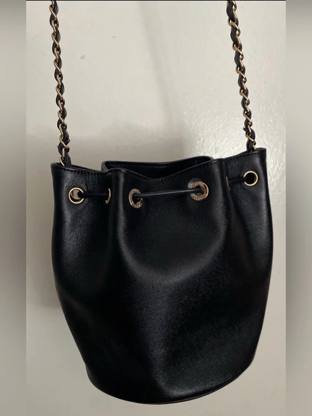 Chanel Bucket Black/gold Caviar Crossbody Studded small Mini CC Flap WOC Worn 1x